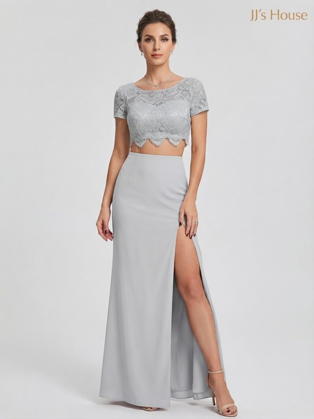 JJs House Silver Lace Crop Top and High-Slit Maxi Skirt